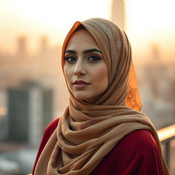 A beautiful woman wearing a hijab, styled elegantly, with intricate patterns and textures on the hijab
