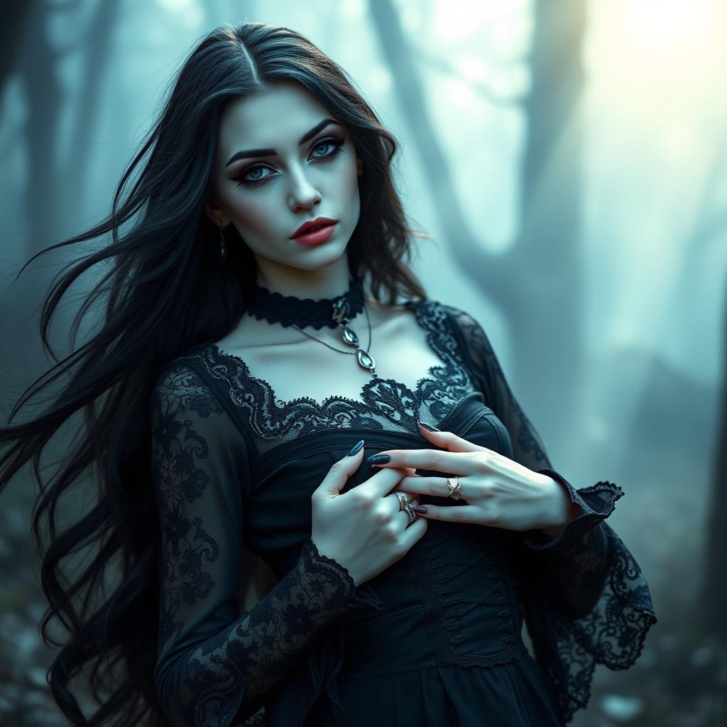 A stunning Gothic fantasy girl dressed in black, featuring intricate lace details on her outfit