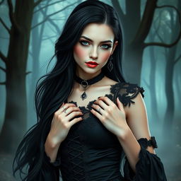 A stunning Gothic fantasy girl dressed in black, featuring intricate lace details on her outfit