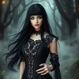 A stunning Gothic fantasy girl dressed in black, featuring intricate lace details on her outfit