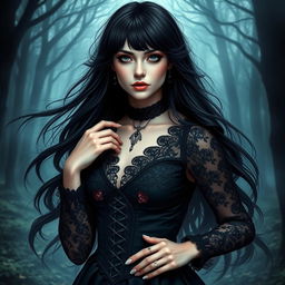 A stunning Gothic fantasy girl dressed in black, featuring intricate lace details on her outfit