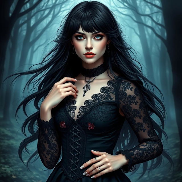 A stunning Gothic fantasy girl dressed in black, featuring intricate lace details on her outfit