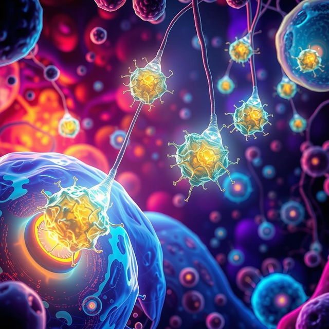An artistic representation of mitochondrial transplantation, showcasing a vibrant and detailed cellular environment