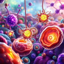 An artistic representation of mitochondrial transplantation, showcasing a vibrant and detailed cellular environment