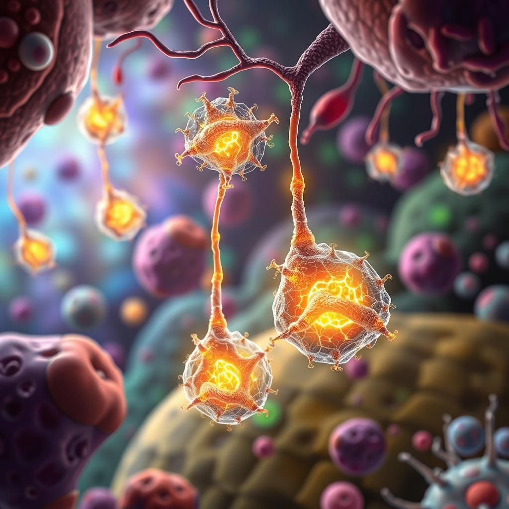 An artistic representation of mitochondrial transplantation, showcasing a vibrant and detailed cellular environment