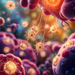 An artistic representation of mitochondrial transplantation, showcasing a vibrant and detailed cellular environment