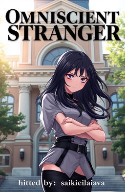 A mysterious girl with a fierce look stands confidently in front of a university building, the architecture exuding a blend of classic and modern elements
