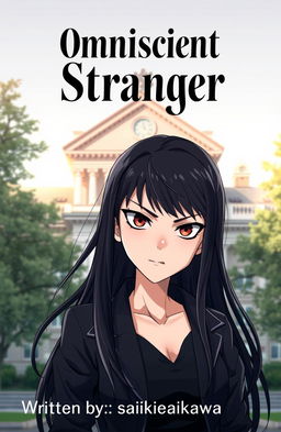 A mysterious girl with a fierce look stands confidently in front of a university building, the architecture exuding a blend of classic and modern elements