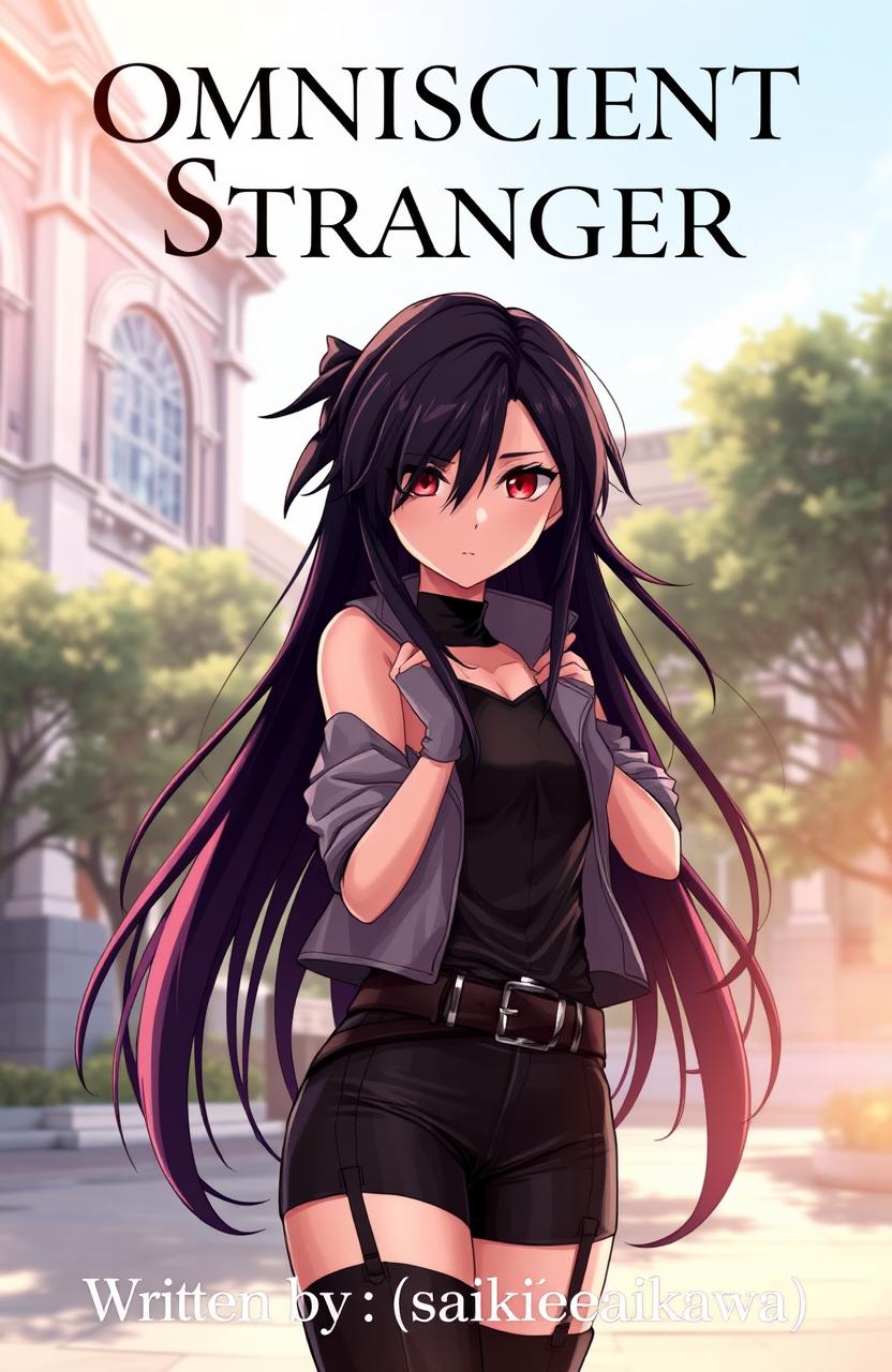 A mysterious girl with a fierce look stands confidently in front of a university building, the architecture exuding a blend of classic and modern elements