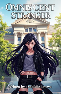 A mysterious girl with a fierce look stands confidently in front of a university building, the architecture exuding a blend of classic and modern elements