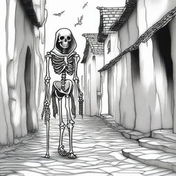 A black and white line drawing showcases a medieval skeleton, draped in tattered clothes, as it aimlessly wanders through the narrow alleyway of a desolate village