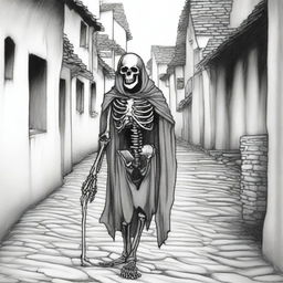 A black and white line drawing showcases a medieval skeleton, draped in tattered clothes, as it aimlessly wanders through the narrow alleyway of a desolate village