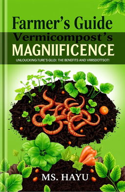 A captivating book cover design for 'Farmer's Guide on Vermicompost's Magnificence' with subtitle 'Unlocking Nature's Gold: The Benefits and Uses of Vermicompost'