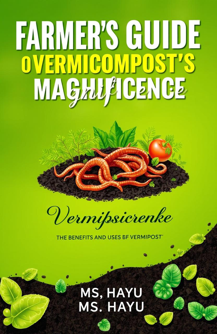 A captivating book cover design for 'Farmer's Guide on Vermicompost's Magnificence' with subtitle 'Unlocking Nature's Gold: The Benefits and Uses of Vermicompost'