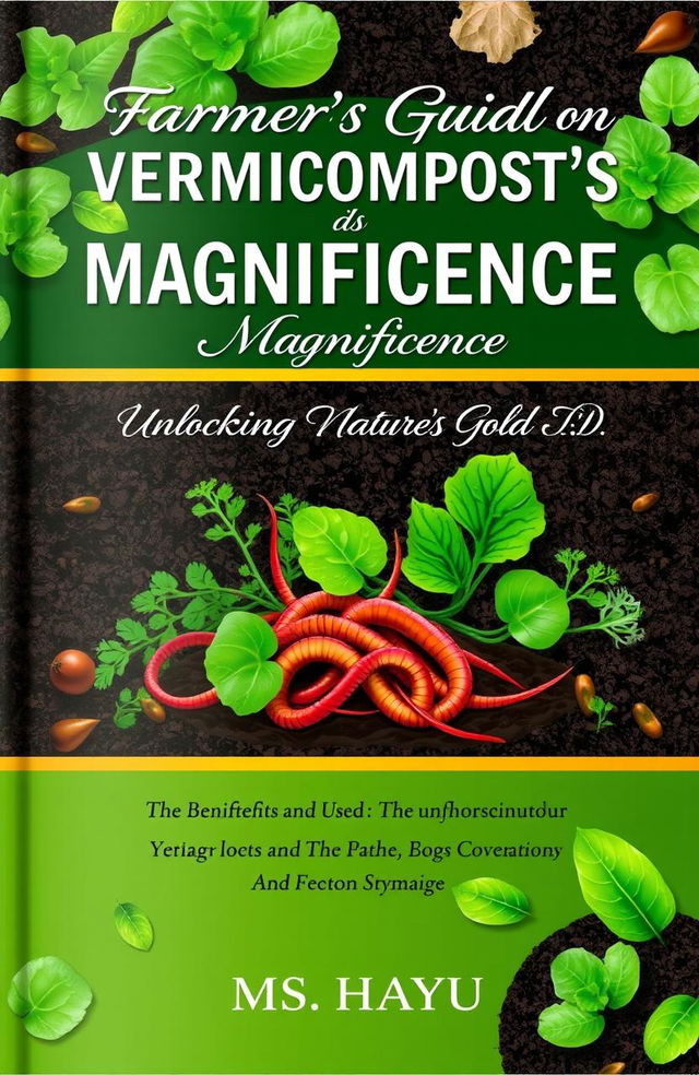 A captivating book cover design for 'Farmer's Guide on Vermicompost's Magnificence' with subtitle 'Unlocking Nature's Gold: The Benefits and Uses of Vermicompost'