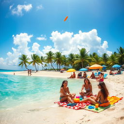 A vibrant, sunny beach scene with crystal clear turquoise water gently lapping against the shore