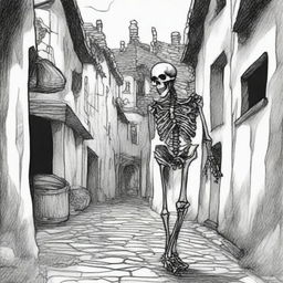 A black and white line drawing showcases a medieval skeleton, draped in tattered clothes, as it aimlessly wanders through the narrow alleyway of a desolate village