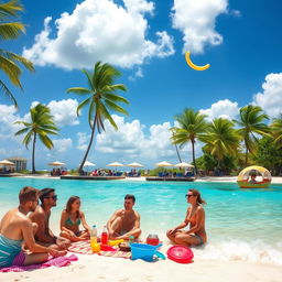 A vibrant, sunny beach scene with crystal clear turquoise water gently lapping against the shore