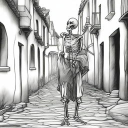 A black and white line drawing showcases a medieval skeleton, draped in tattered clothes, as it aimlessly wanders through the narrow alleyway of a desolate village