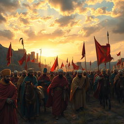 A historically inspired scene depicting a Muslim army in vibrant and detailed traditional attire, including soldiers wearing intricate turbans and flowing robes