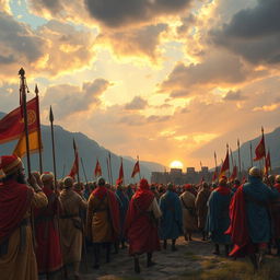A historically inspired scene depicting a Muslim army in vibrant and detailed traditional attire, including soldiers wearing intricate turbans and flowing robes