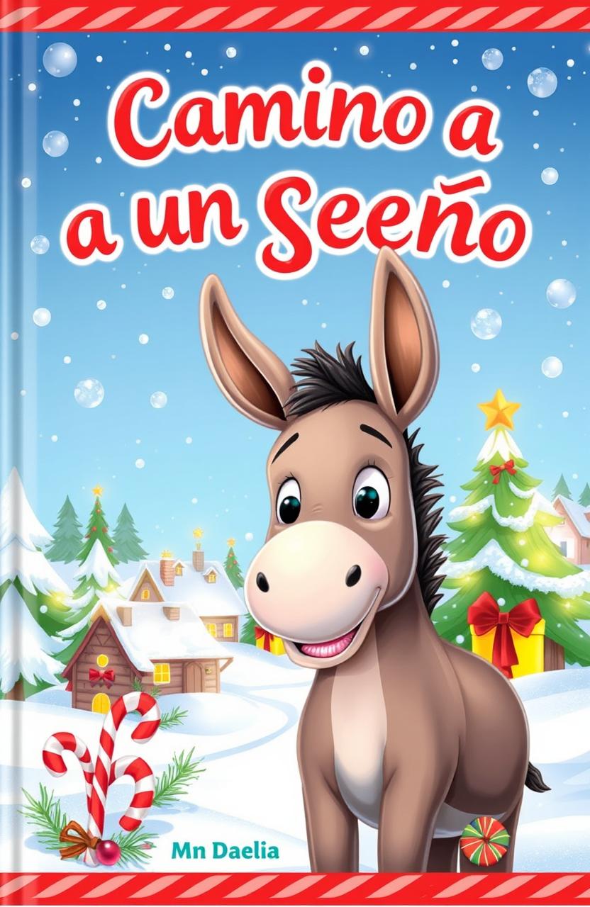 A whimsical book cover for a Christmas-themed story titled 'Camino a un Sueño', featuring a cheerful donkey dreaming of becoming a reindeer