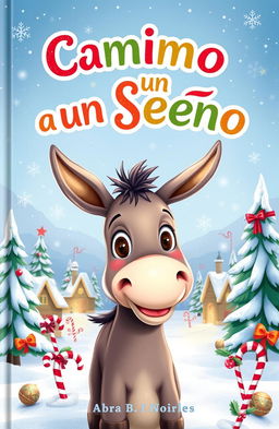 A whimsical book cover for a Christmas-themed story titled 'Camino a un Sueño', featuring a cheerful donkey dreaming of becoming a reindeer