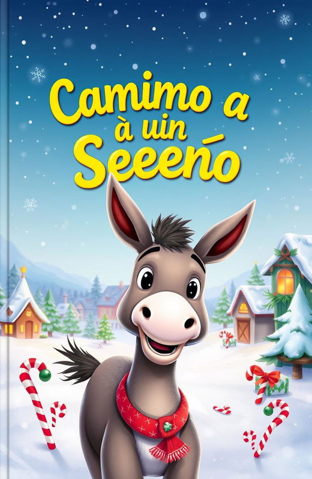 A whimsical book cover for a Christmas-themed story titled 'Camino a un Sueño', featuring a cheerful donkey dreaming of becoming a reindeer