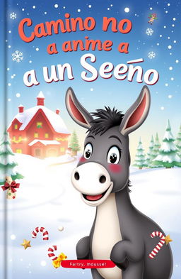 A whimsical book cover for a Christmas-themed story titled 'Camino a un Sueño', featuring a cheerful donkey dreaming of becoming a reindeer
