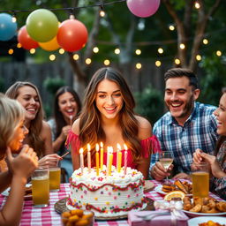 A joyful scene capturing Isabel on her special day, surrounded by friends and family, celebrating her birthday