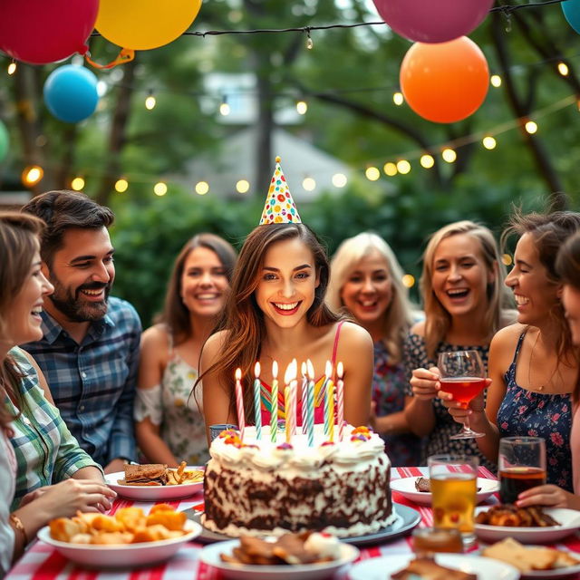 A joyful scene capturing Isabel on her special day, surrounded by friends and family, celebrating her birthday