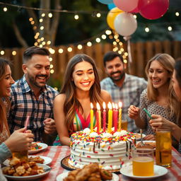 A joyful scene capturing Isabel on her special day, surrounded by friends and family, celebrating her birthday