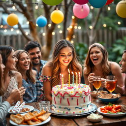 A joyful scene capturing Isabel on her special day, surrounded by friends and family, celebrating her birthday