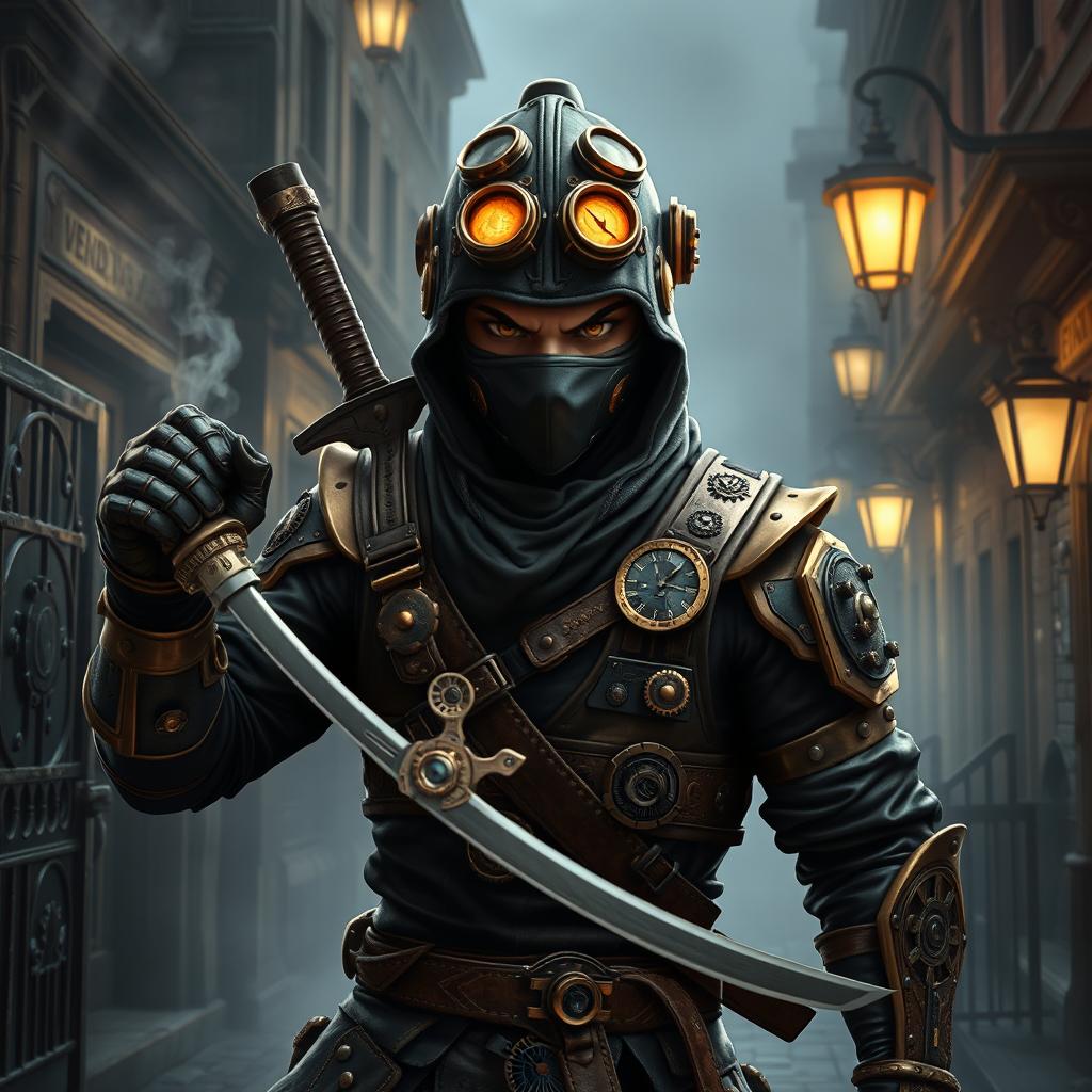 A striking ninja character designed in a steampunk style, wearing intricate brass and leather armor adorned with gears and mechanical gadgets