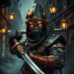 A striking ninja character designed in a steampunk style, wearing intricate brass and leather armor adorned with gears and mechanical gadgets