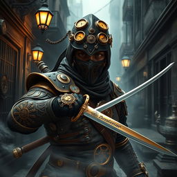 A striking ninja character designed in a steampunk style, wearing intricate brass and leather armor adorned with gears and mechanical gadgets