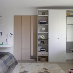 Modern bedroom for an 18-year-old, equipped with a sleek study table, a comfortable bed, a fully stocked bookshelf, and a spacious wardrobe.