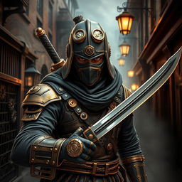 A striking ninja character designed in a steampunk style, wearing intricate brass and leather armor adorned with gears and mechanical gadgets