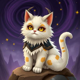 A whimsical and imaginative creature known as Cat Sauron, depicted with a fluffy white fur coat and patches of tan