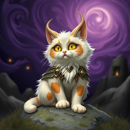 A whimsical and imaginative creature known as Cat Sauron, depicted with a fluffy white fur coat and patches of tan