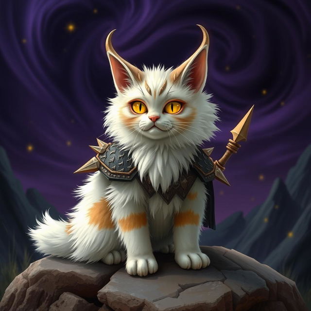 A whimsical and imaginative creature known as Cat Sauron, depicted with a fluffy white fur coat and patches of tan