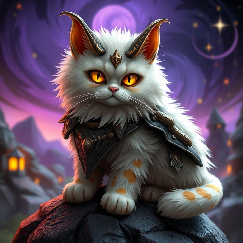 A whimsical and imaginative creature known as Cat Sauron, depicted with a fluffy white fur coat and patches of tan