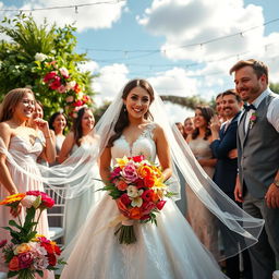 A romantic scene representing Carolina's special day, featuring a beautiful outdoor wedding setting adorned with vibrant flowers and elegant decorations