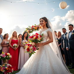 A romantic scene representing Carolina's special day, featuring a beautiful outdoor wedding setting adorned with vibrant flowers and elegant decorations