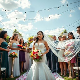 A romantic scene representing Carolina's special day, featuring a beautiful outdoor wedding setting adorned with vibrant flowers and elegant decorations