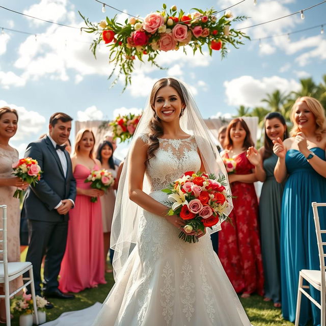 A romantic scene representing Carolina's special day, featuring a beautiful outdoor wedding setting adorned with vibrant flowers and elegant decorations