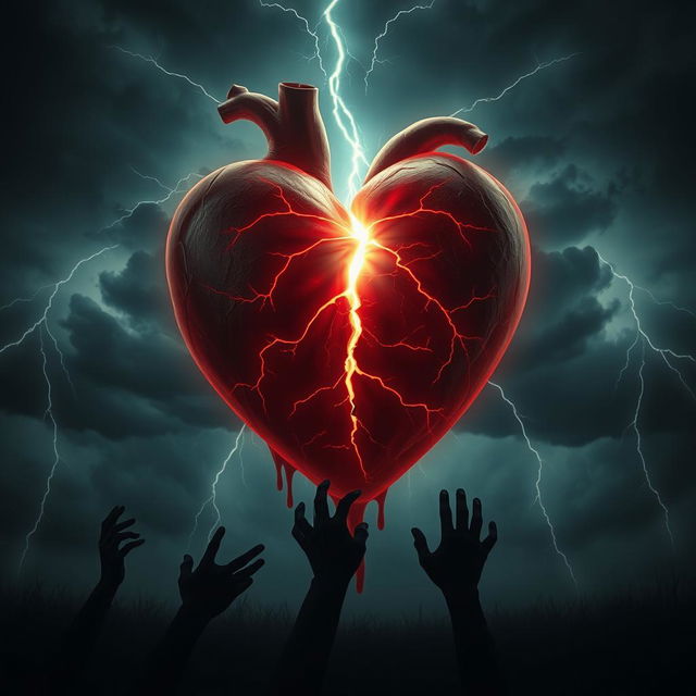 A cracked, glowing heart that appears to be bleeding, set against a dark and stormy background filled with ominous clouds and flashes of lightning