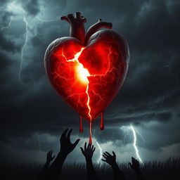 A cracked, glowing heart that appears to be bleeding, set against a dark and stormy background filled with ominous clouds and flashes of lightning