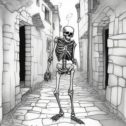 This is a black and white line drawing of a skeleton dressed in ragged clothes, aimlessly wandering through an abandoned alleyway of a medieval village under the cover of night