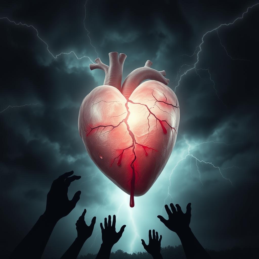 A cracked, glowing heart that appears to be bleeding, set against a dark and stormy background filled with ominous clouds and flashes of lightning